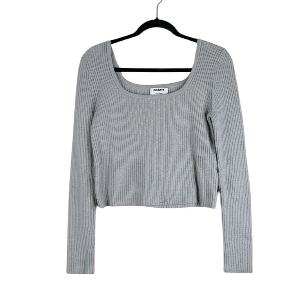 Old Navy Gray Blue Ribbed Square Neck Long Sleeve Cropped Sweater Size Medium